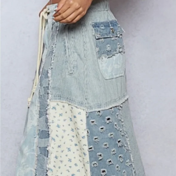 POL Patchwork Maxi Skirt in Blue and Cream - Picture 3 of 11